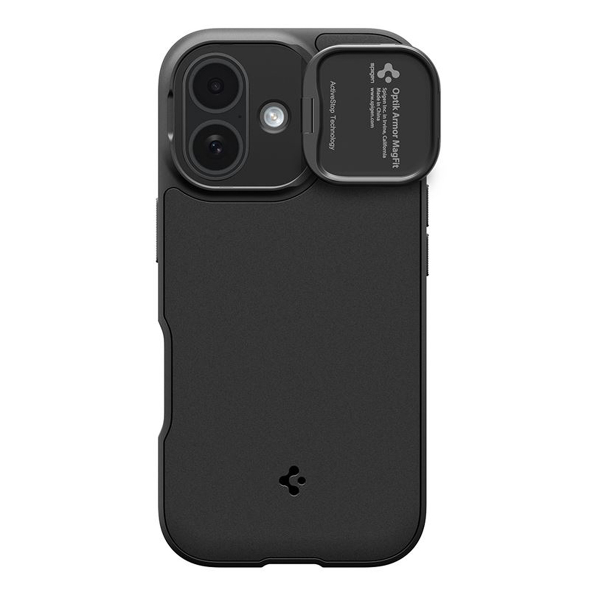 Custodia per telefono nera con protezione fotocamera. Ha il nome del marchio, il nome del modello e ActiveStop Technology.