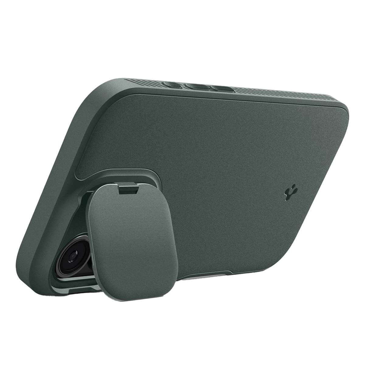 Una custodia per telefono verde scuro con una copertura per la fotocamera. La custodia è angolata, mostrando l'obiettivo e un logo.
