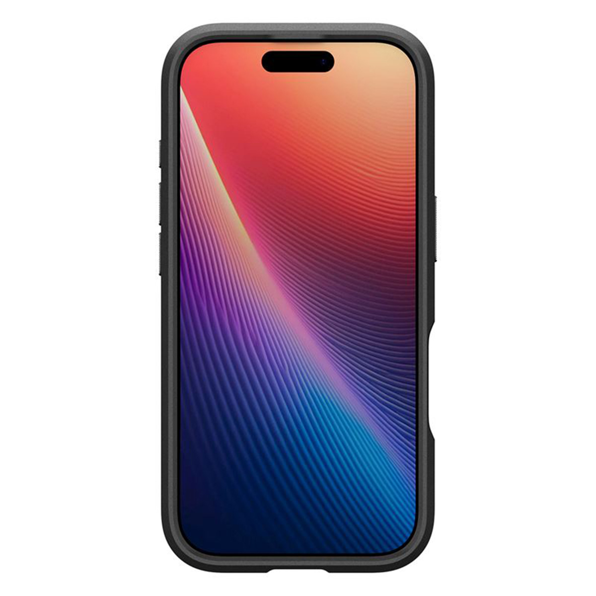 Uno smartphone in una custodia nera. Lo schermo mostra un design astratto colorato con sfumature rosse, gialle e blu.
