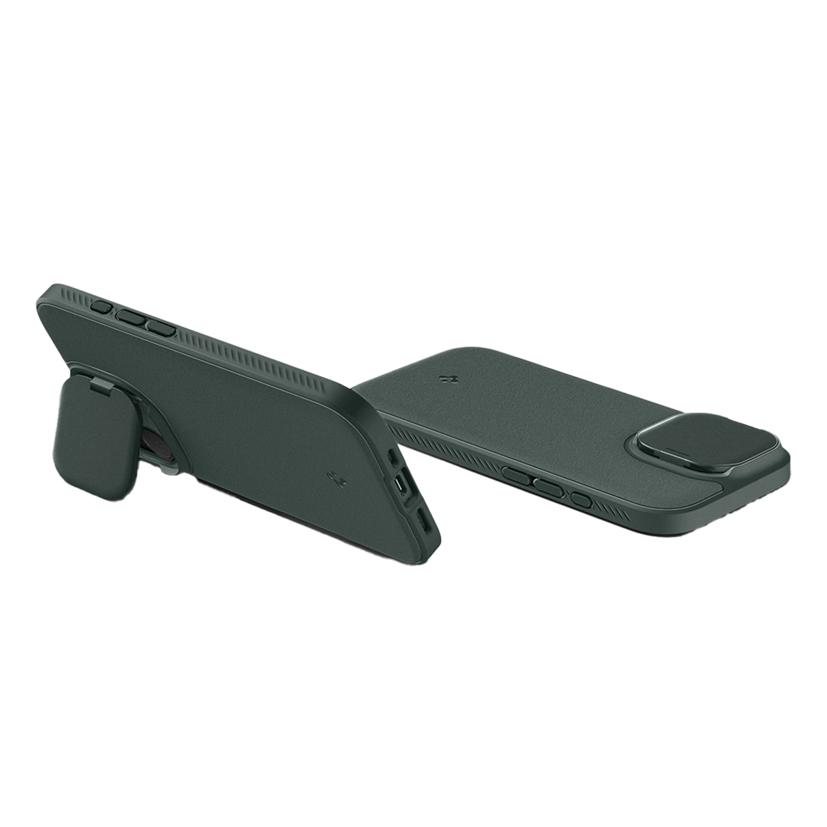 Due custodie per telefono verde scuro. Una è in posizione verticale con un accessorio per fotocamera. L'altra è piatta. Entrambe hanno pulsanti e dettagli delle porte.