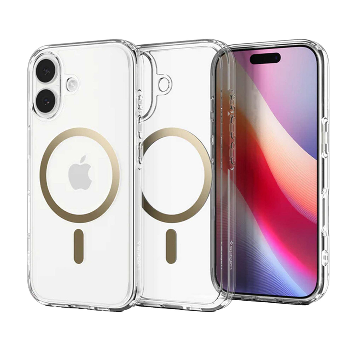 Transparante telefoonhoes met een gouden ring en een telefoon met een kleurrijk scherm.