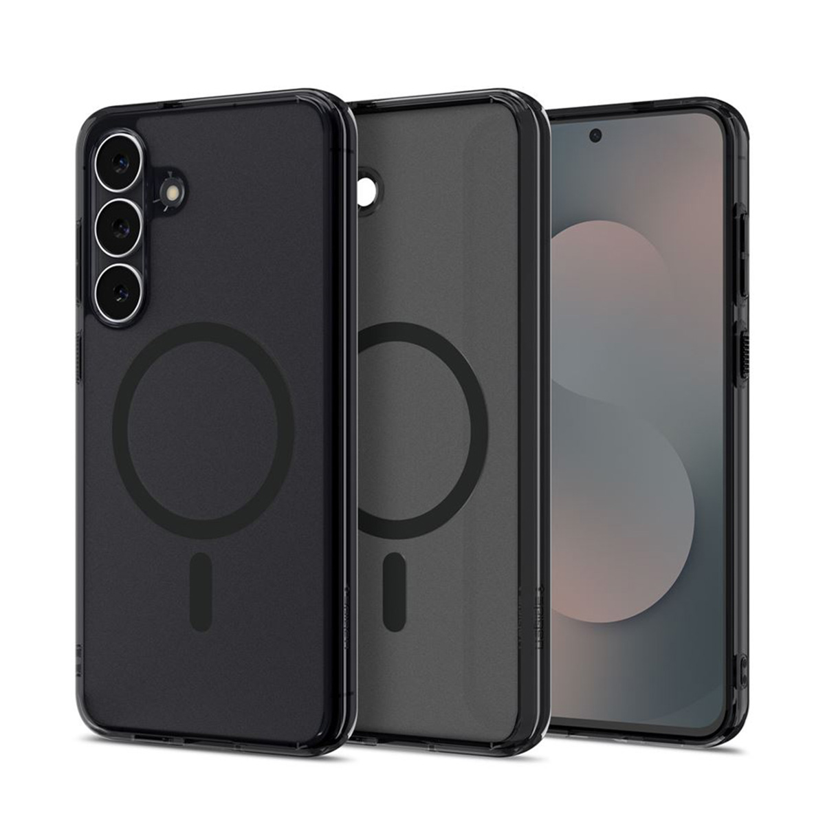 Trois étuis de téléphone noirs avec un cadre transparent. Chaque étui a un anneau magnétique et une petite découpe pour la caméra.