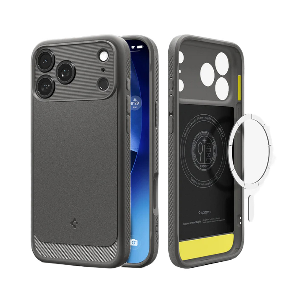 Trois étuis de téléphone gris, un avec un téléphone à l'intérieur et une bague magnétique blanche, sont affichés sur une surface blanche.