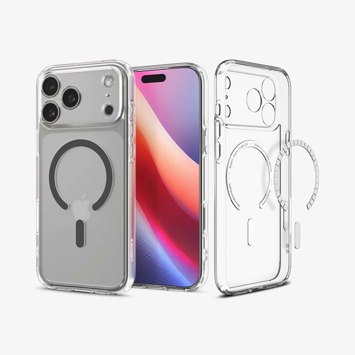 Drie doorzichtige telefoonhoesjes en een smartphone met een kleurrijk scherm worden getoond op een witte achtergrond.