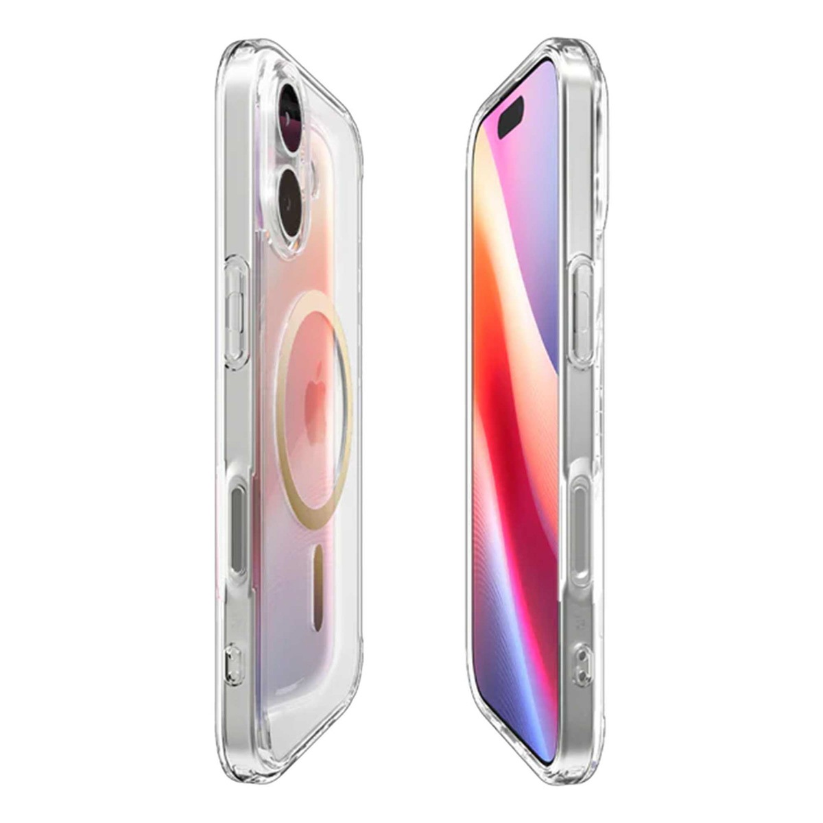 Twee doorzichtige telefoonhoesjes met telefoons. Eén heeft een camera en een MagSafe-ring. De ander heeft een scherm met rode en roze kleuren.