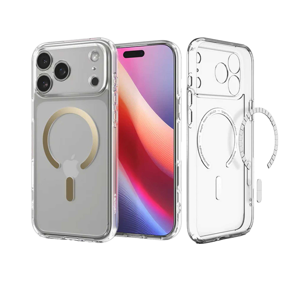Een doorzichtige telefoonhoes met een telefoon erin en een ander deel van de hoes. De telefoon heeft een kleurrijk scherm. De hoes heeft een magnetische ring.