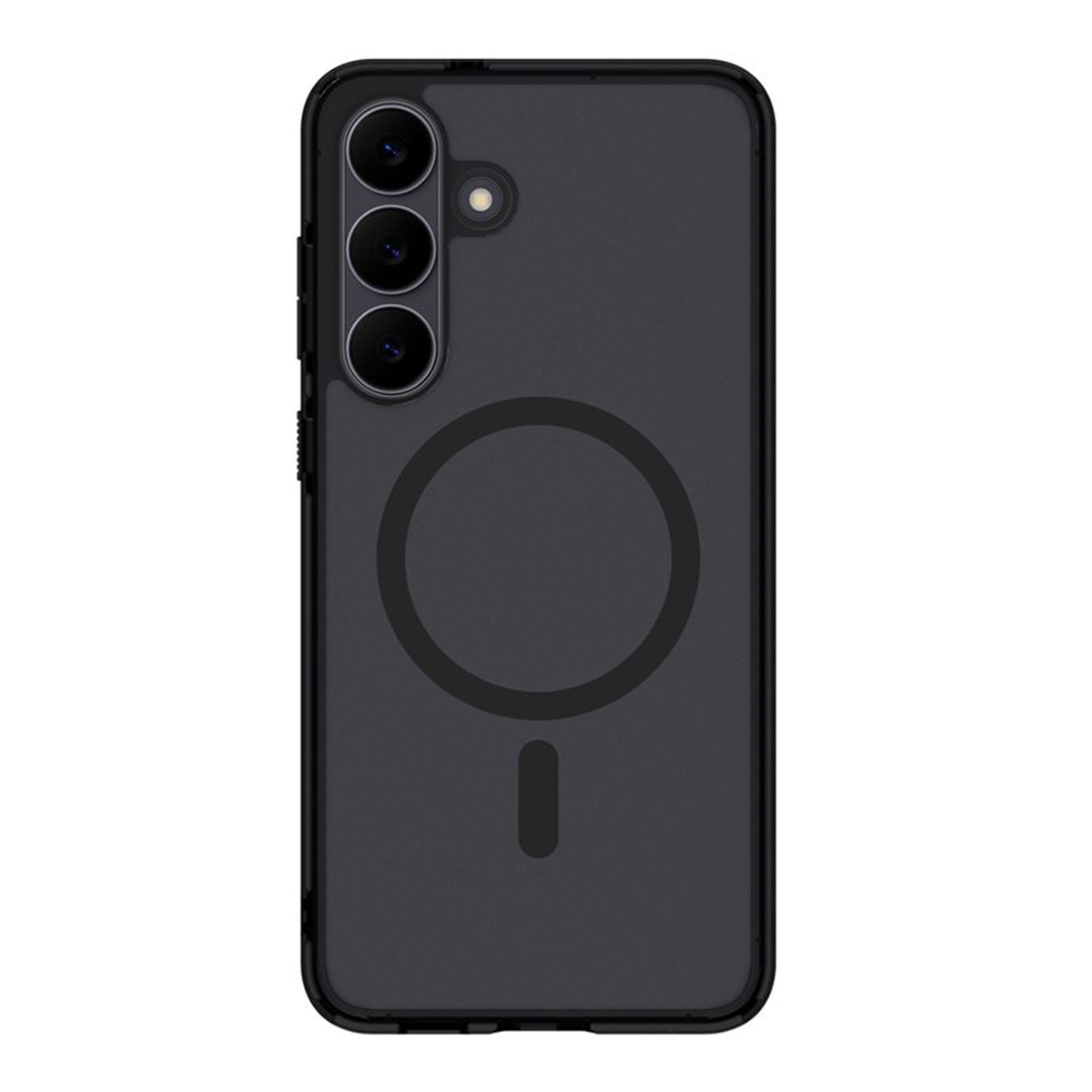 Une coque de téléphone noire avec trois lentilles de caméra et un design magnétique circulaire.