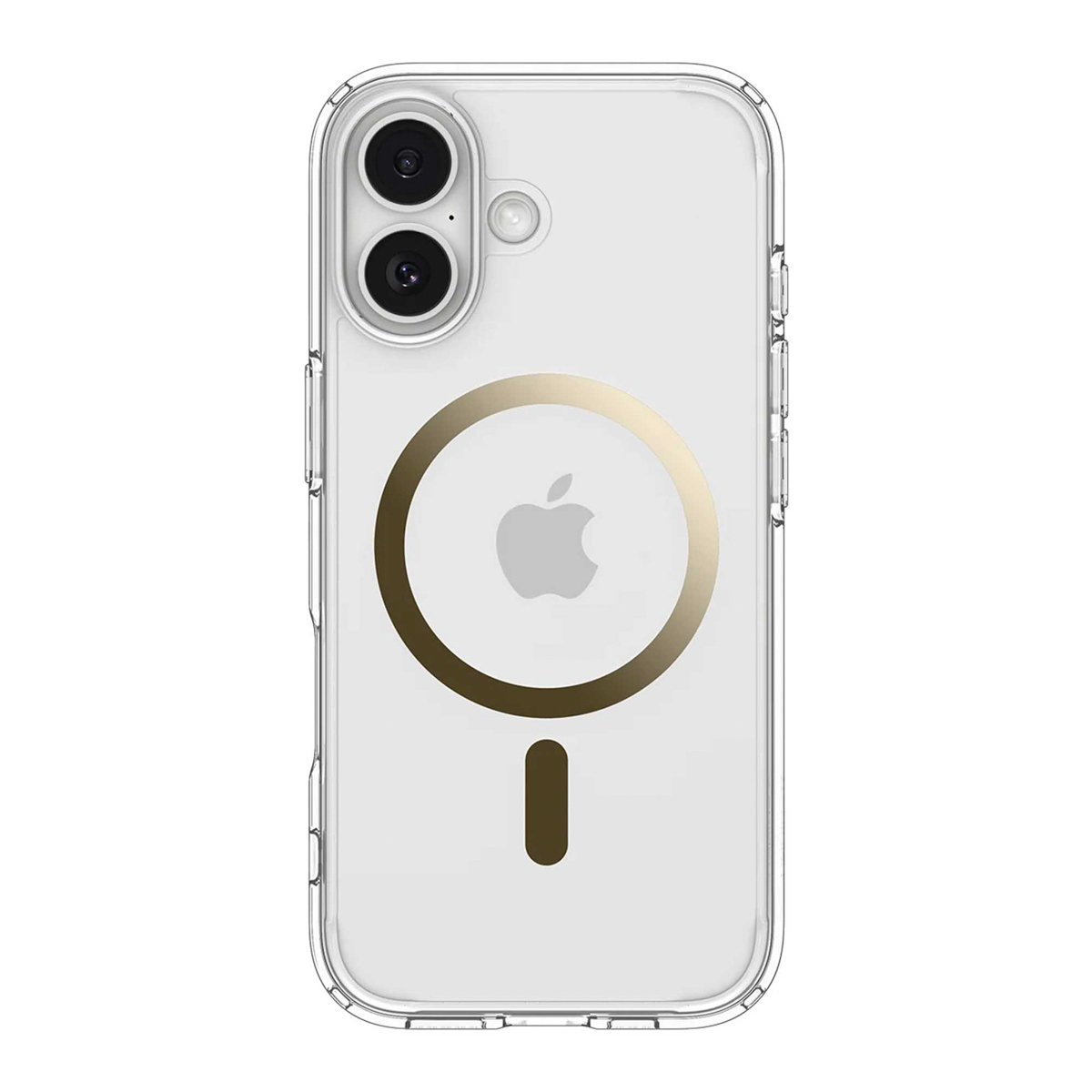 Transparante telefoonhoes met een gouden ring en Apple-logo. De hoes heeft een zwart minteken.