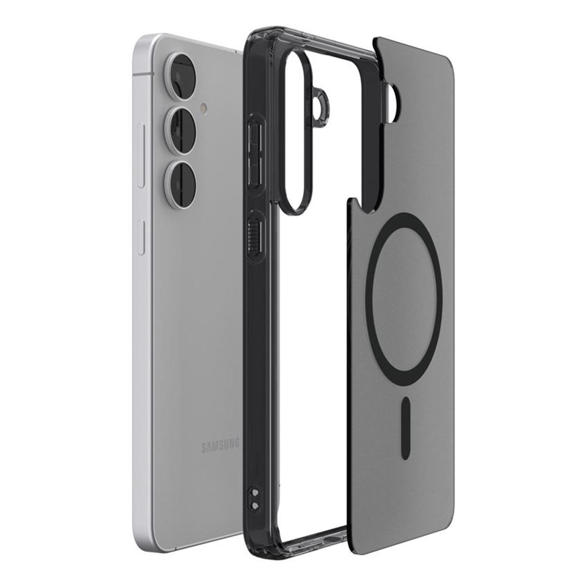 Un téléphone Samsung argenté à côté d'une coque noire et grise. L'étui est partiellement démonté, montrant l'arrière du téléphone.