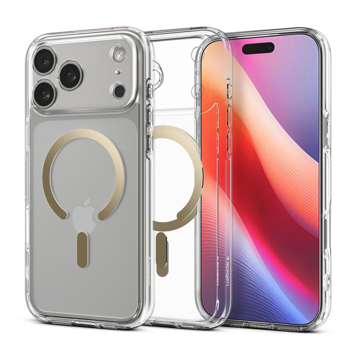 Een transparante telefoonhoes met een gouden ring en een telefoon met een rood-paarse gradiëntscherm worden getoond.
