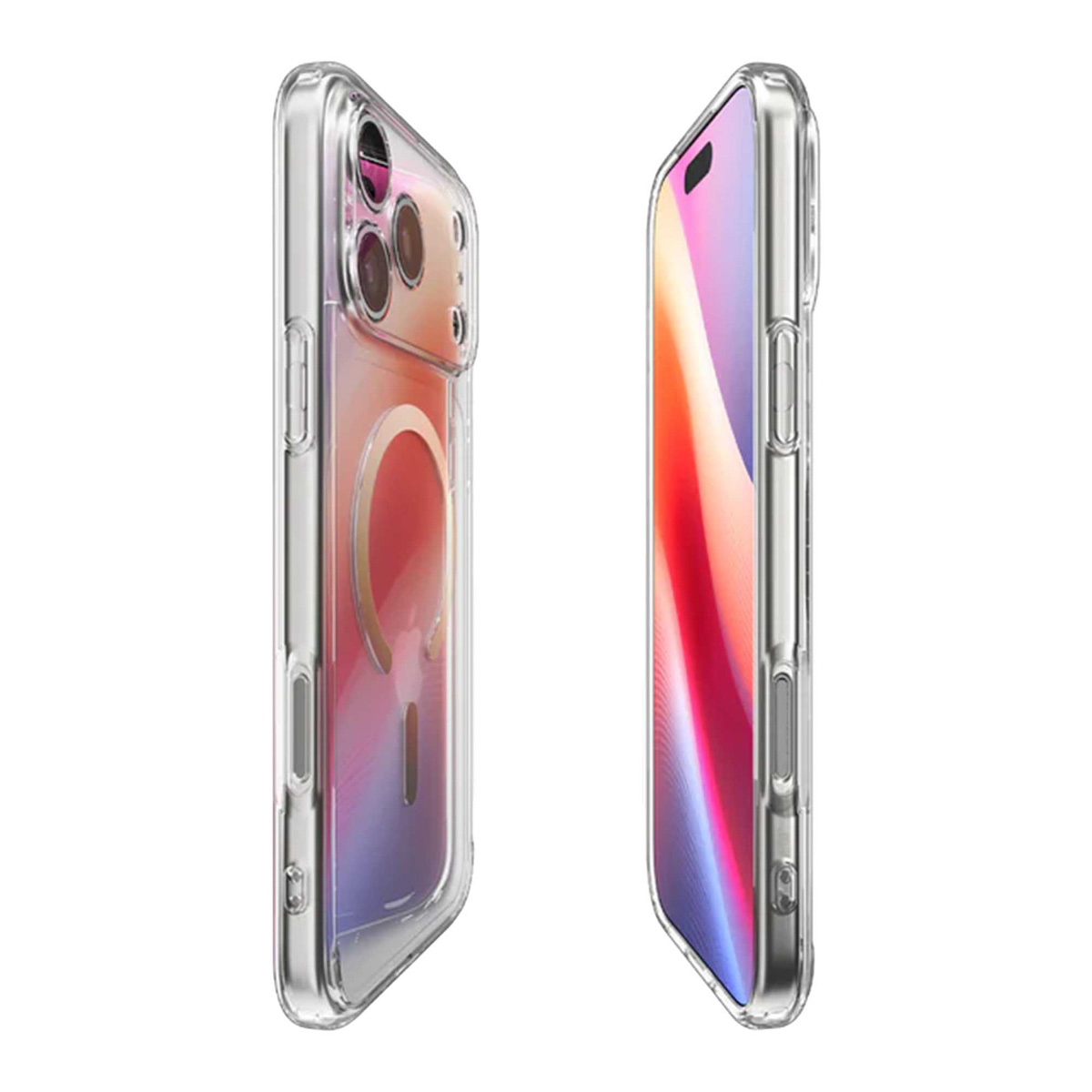 Twee doorzichtige telefoonhoesjes. Eén toont cameralenzen, de andere een kleurrijk scherm. Beide op witte achtergrond.