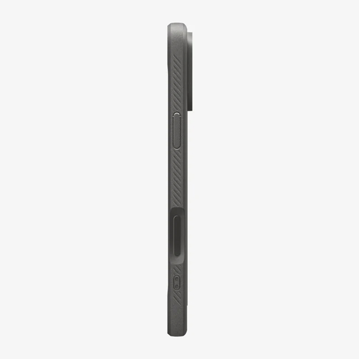 Vue latérale d'une coque de téléphone gris foncé. Elle comporte des boutons, une découpe pour l'appareil photo et des côtés texturés. Le fond est blanc.