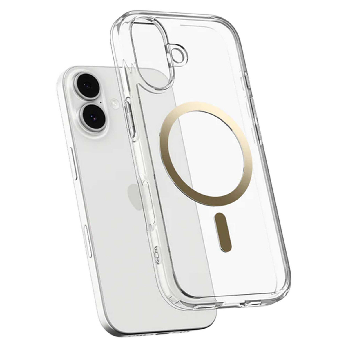 Een doorzichtige telefoonhoes met een gouden ring en een telefoon erin. De hoes is transparant en toont de achterkant van de telefoon.