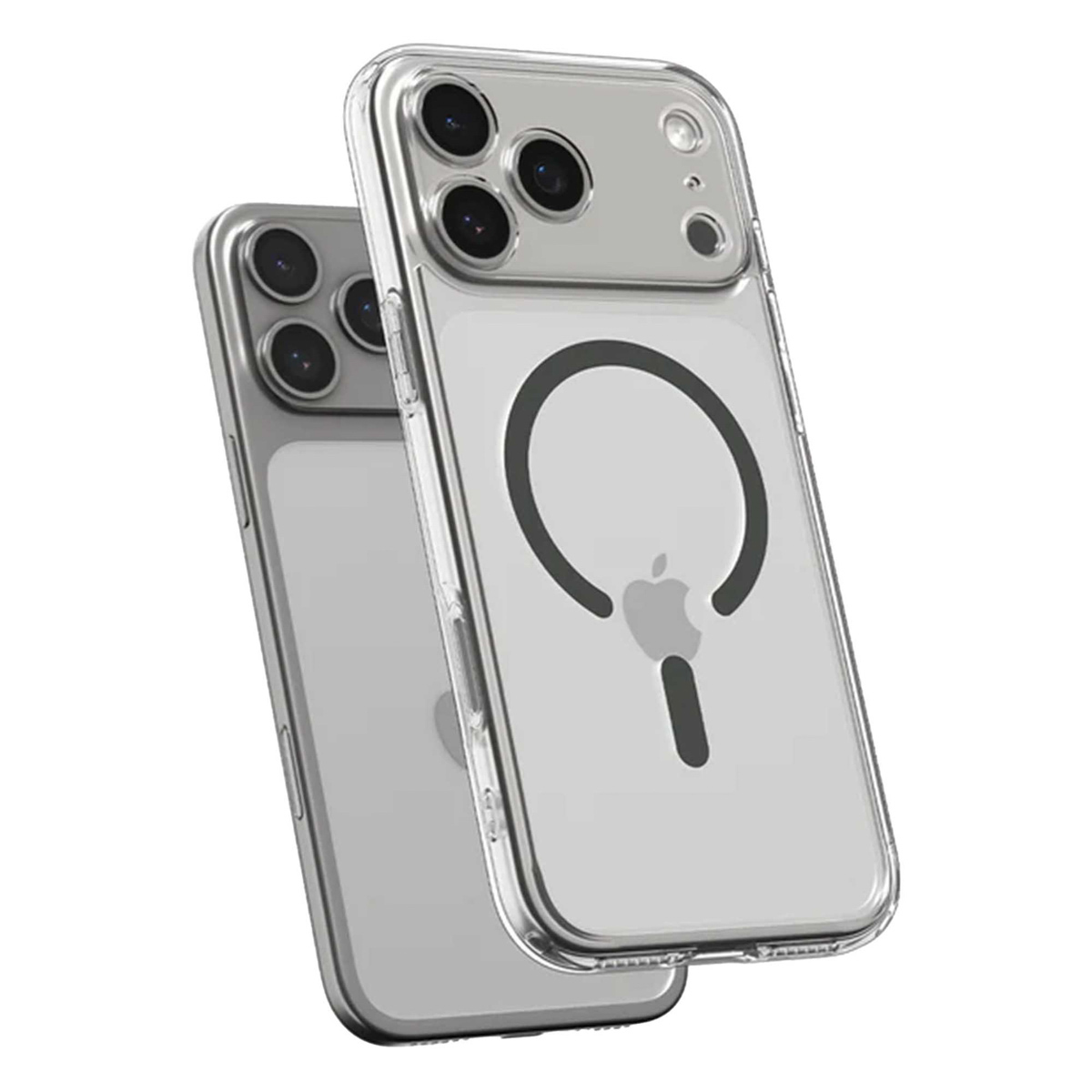 Twee doorzichtige telefoonhoesjes. Elk heeft meerdere cameralenzen. Eén hoesje heeft een zwarte cirkel met een lijn en een Apple-logo.