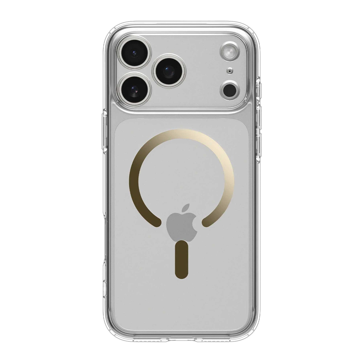 Transparante iPhone-case met gouden ring en Apple-logo. Het heeft uitsparingen voor de camera's en een transparante achterkant.