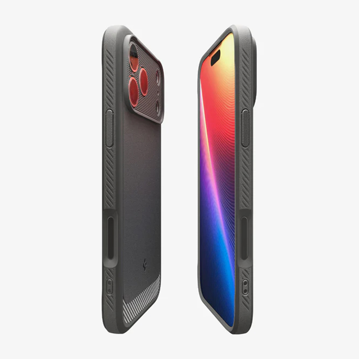 Deux smartphones dans des étuis gris foncé se tiennent côte à côte. Les écrans affichent des fonds d'écran colorés. Les étuis ont un design texturé.