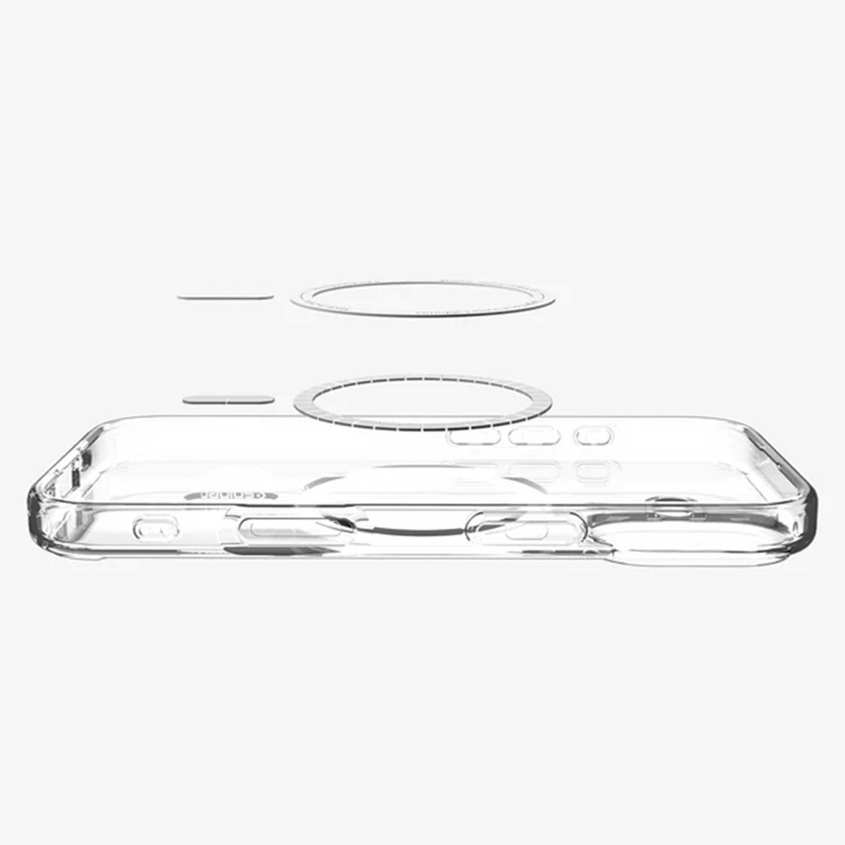 Een transparante telefoonhoes, met een losstaand circulair onderdeel erboven. De hoes heeft uitsparingen voor knoppen en poorten.