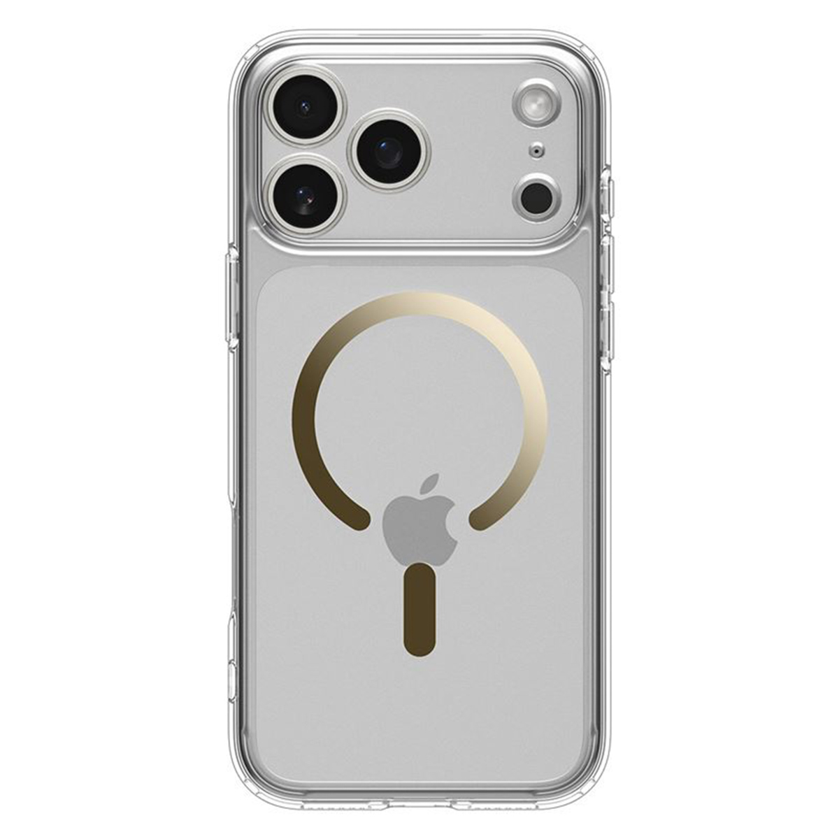 Een transparante telefoonhoes met een goudkleurige ring en Apple-logo. Het heeft een uitsparing voor de camera met meerdere lenzen.