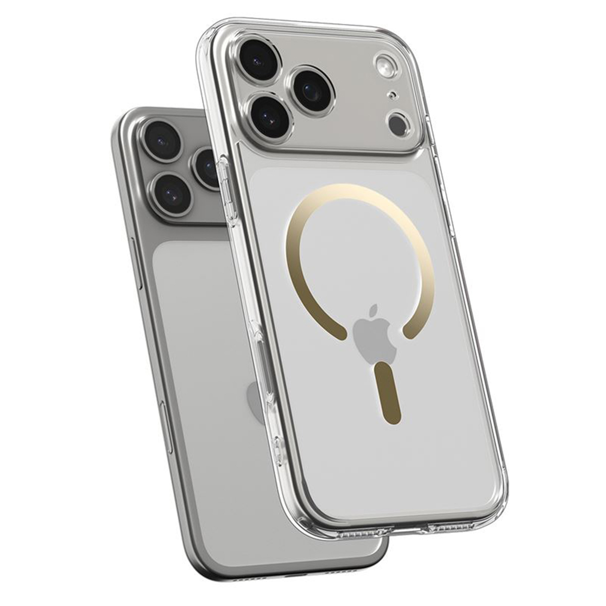 Twee doorzichtige telefoonhoesjes, één bovenop de ander. De bovenste hoes toont een gouden ring en een Apple-logo. Beide hebben camera's.