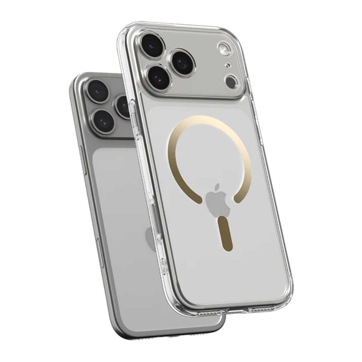 Twee transparante telefoonhoesjes met gouden accenten, één bovenop de ander. Elk heeft een camera-gedeelte. De hoesjes staan op een witte achtergrond.