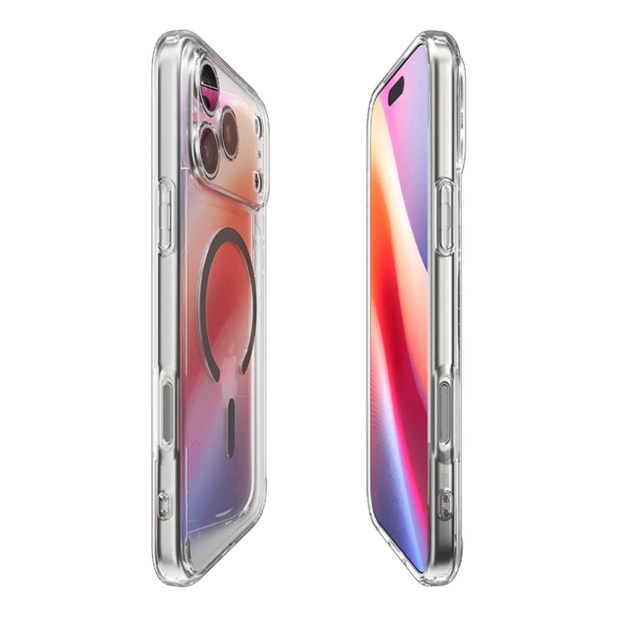 Twee transparante telefoonhoesjes naast elkaar, met een kleurrijk scherm. Eén hoesje heeft een magnetisch ringontwerp.