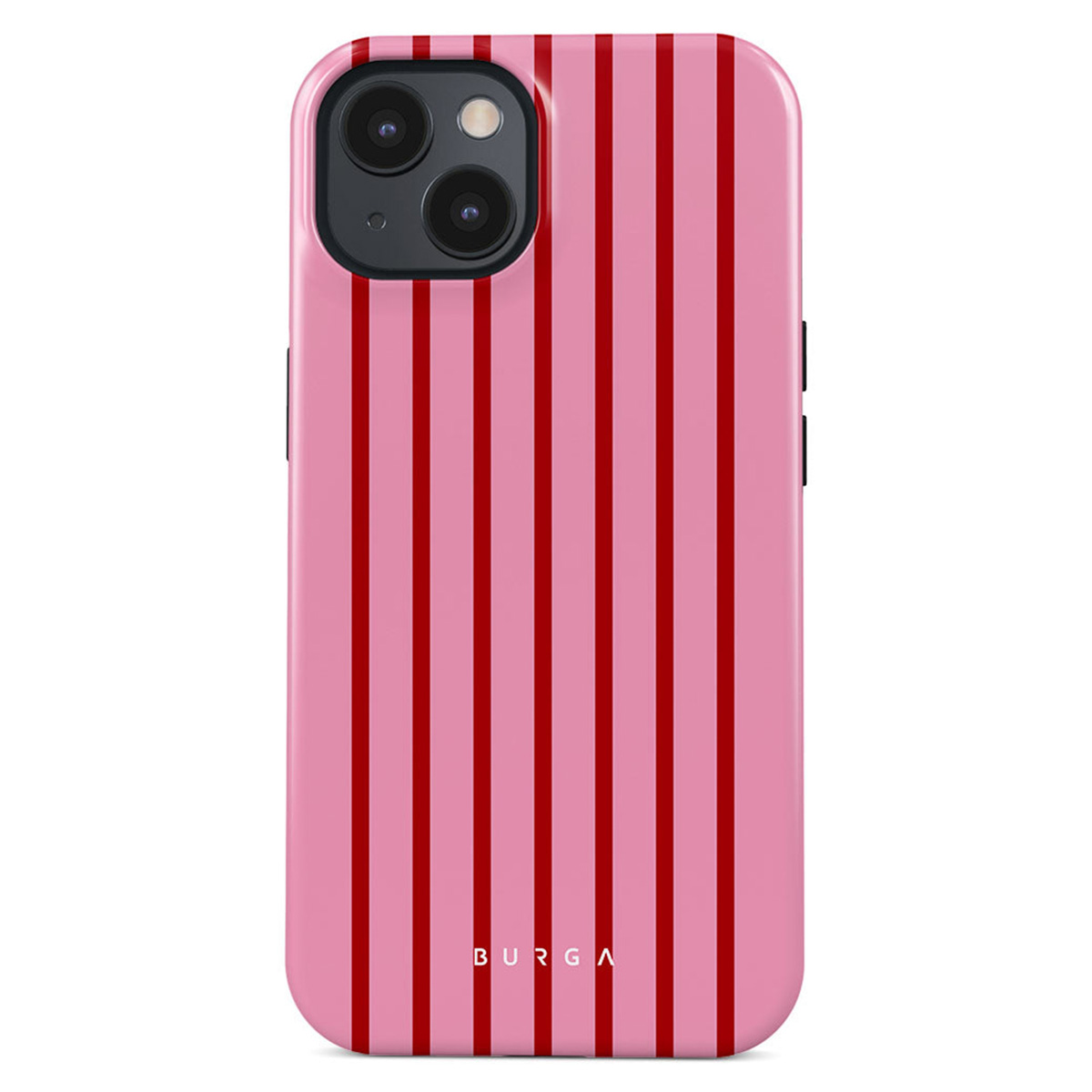Roze iPhone-hoesje met rode verticale strepen. De hoes heeft een uitsparing voor de camera en het woord BURGA onderaan.