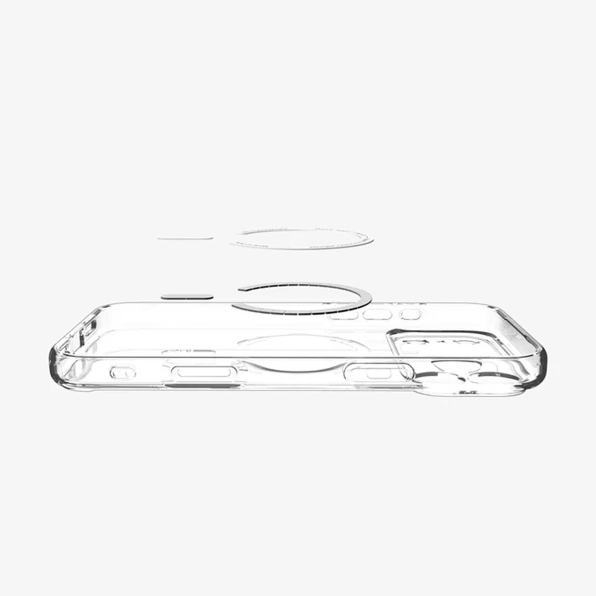 Een transparante telefoonhoes met een magnetische ring en twee aparte ringen erboven. De hoes staat op een witte achtergrond.