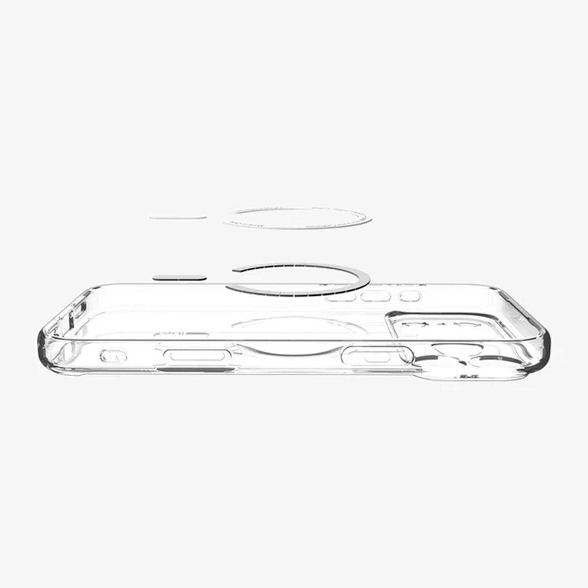 Een transparante telefoonhoes met een magnetische ring en twee losse ringen erboven op een witte achtergrond.