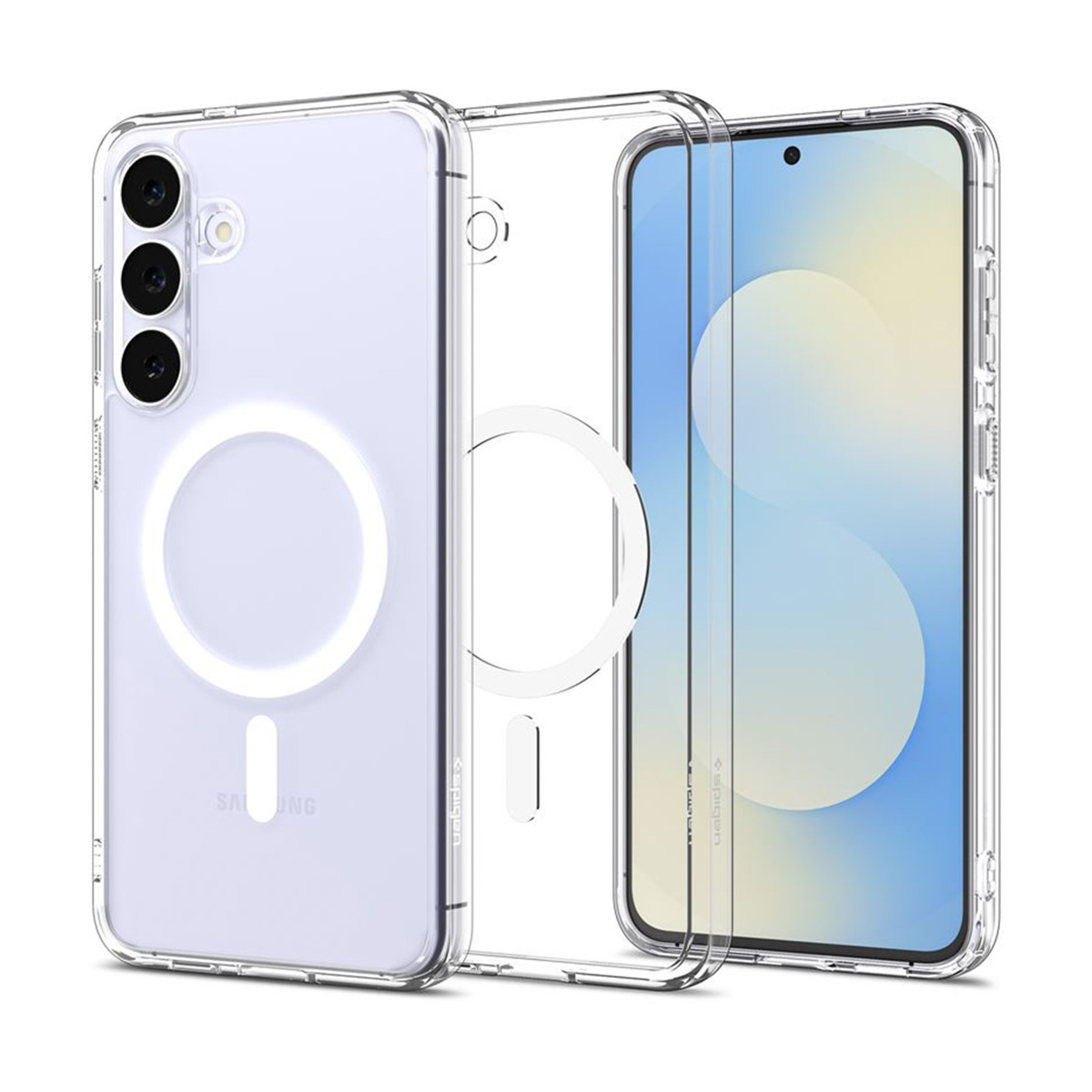 Transparante telefoonhoes met een Samsung telefoon erin. Drie lenzen zichtbaar. De hoes is transparant en heeft een magnetische cirkel.