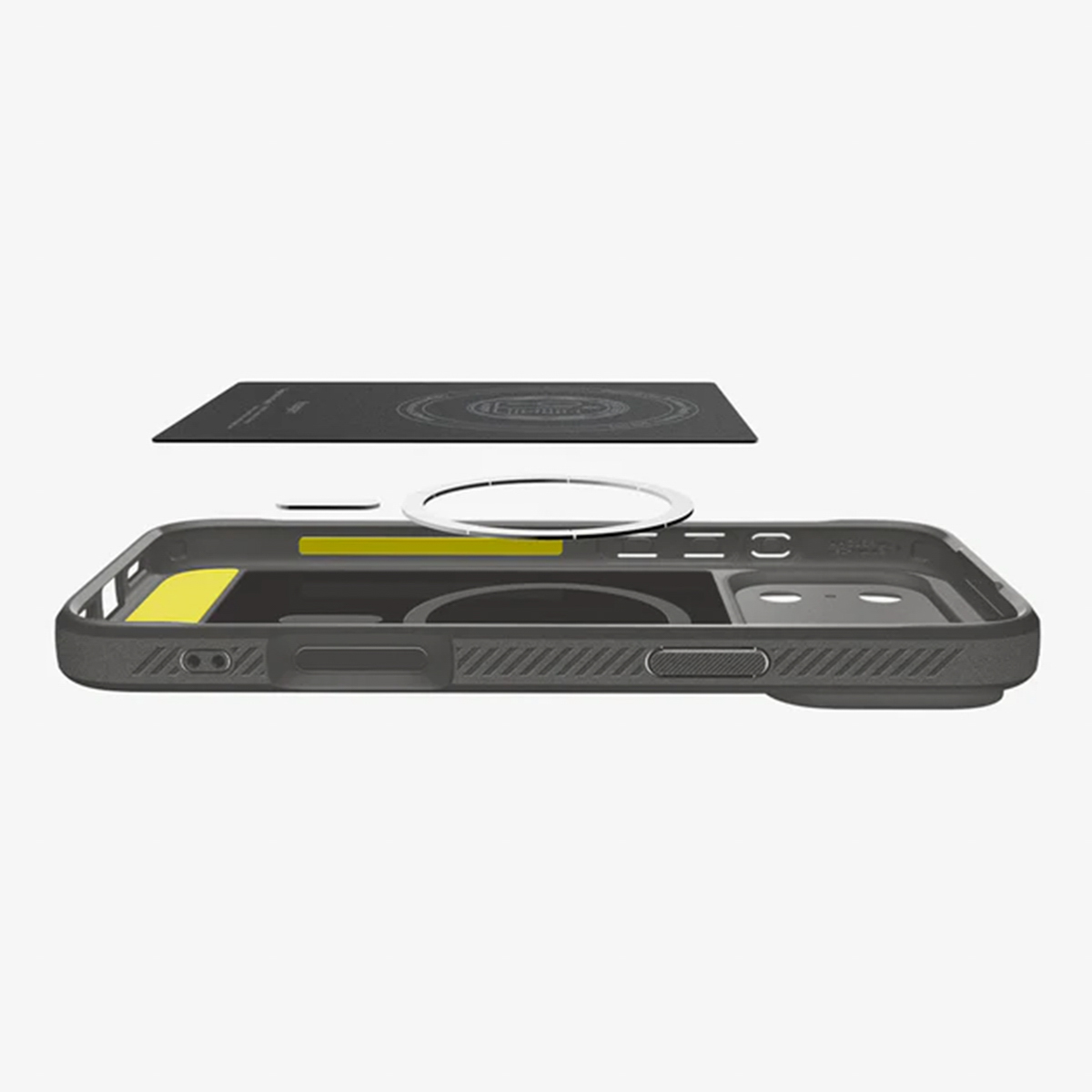 Coque de téléphone démontée avec composants jaunes et blancs, un socle de chargement noir et une coque grise sur fond blanc.