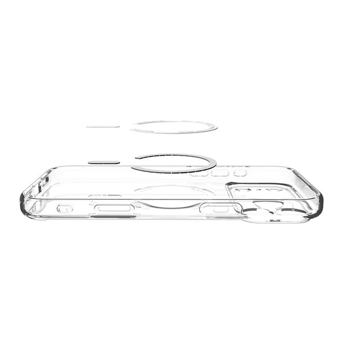 Een doorzichtige telefoonhoes met een paar losgemaakte cirkelvormige en lijnvormige elementen die zweven tegen een witte achtergrond.