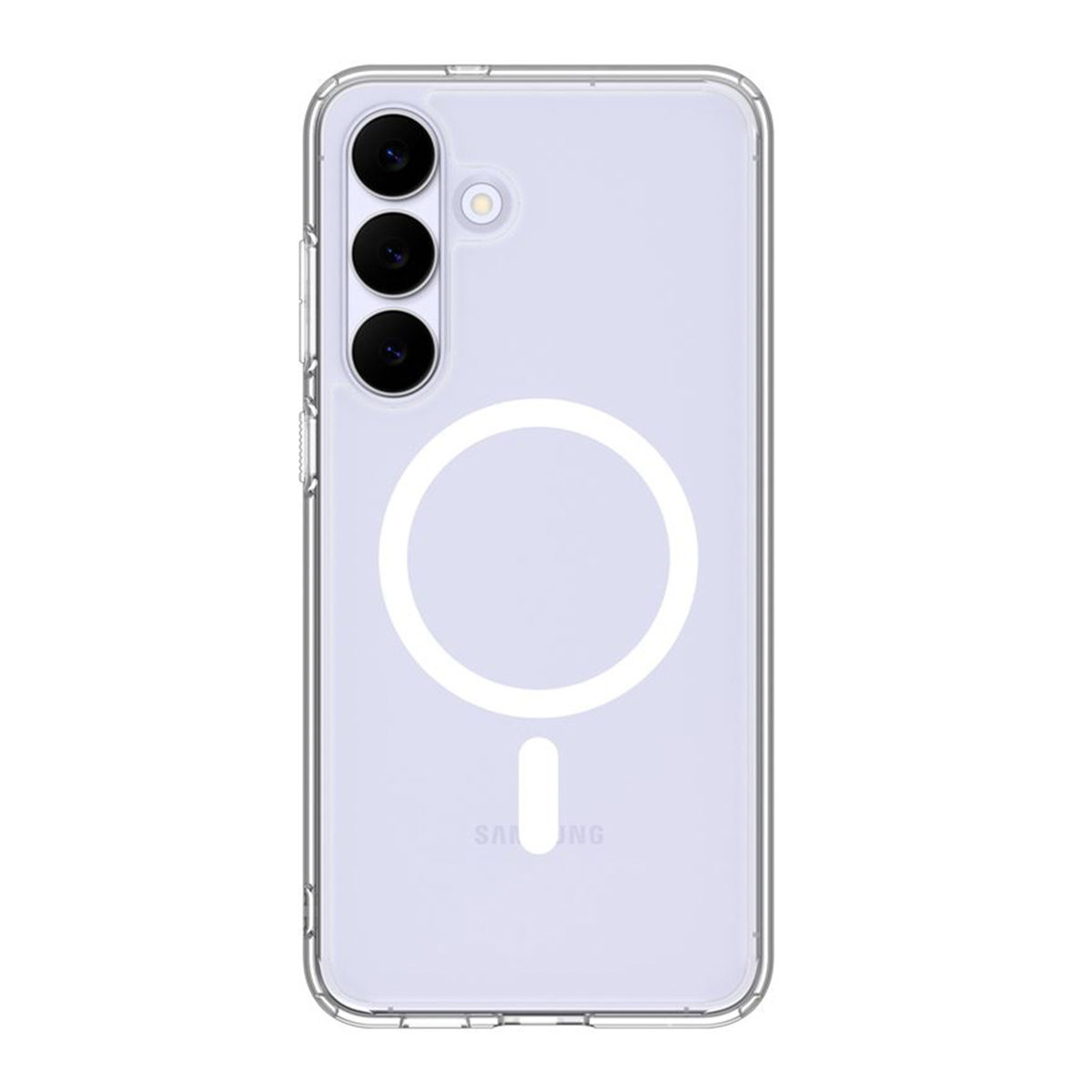 Een doorzichtige telefoonhoes op een lichtpaarse telefoon. Het heeft drie cameralenzen en een witte cirkel met een lijn eronder op de achterkant.