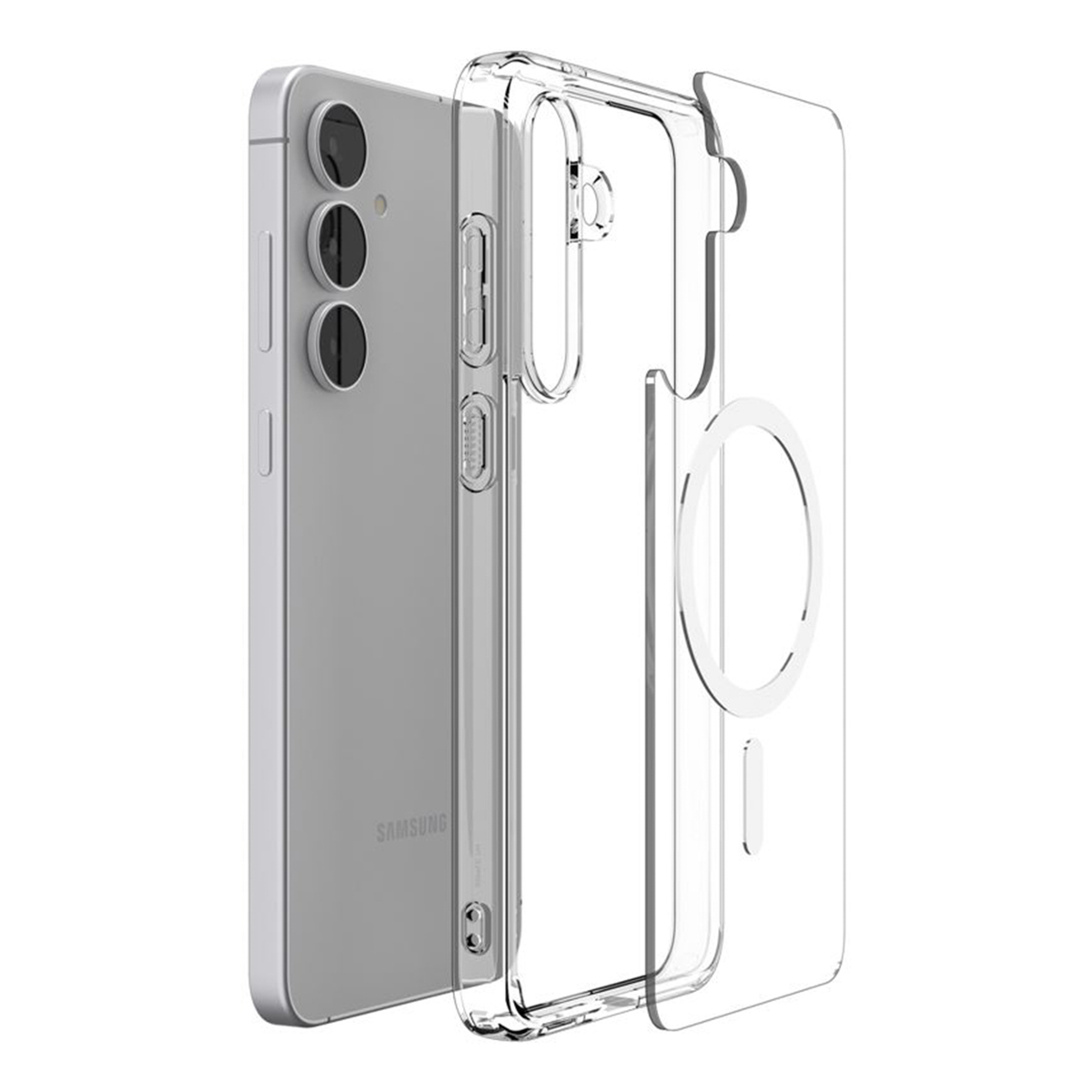 Een zilveren smartphone met een doorzichtige hoes wordt getoond. De hoes heeft een cirkelvormig ontwerp op de achterkant.