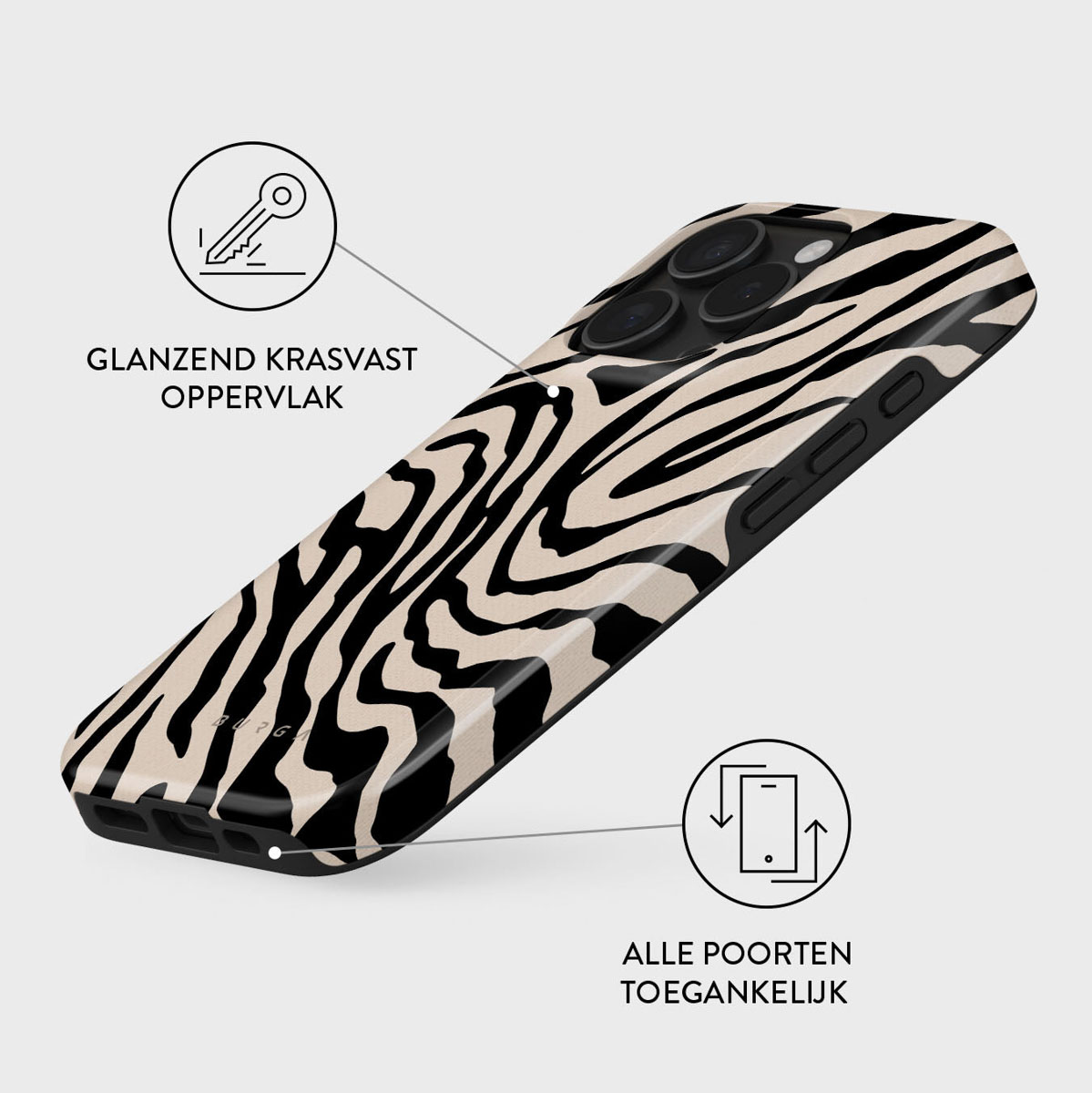 Une coque de téléphone à motif zébré. Elle a des rayures noires et crème. La coque est inclinée, avec un fond blanc. Du texte et des icônes sont présents.