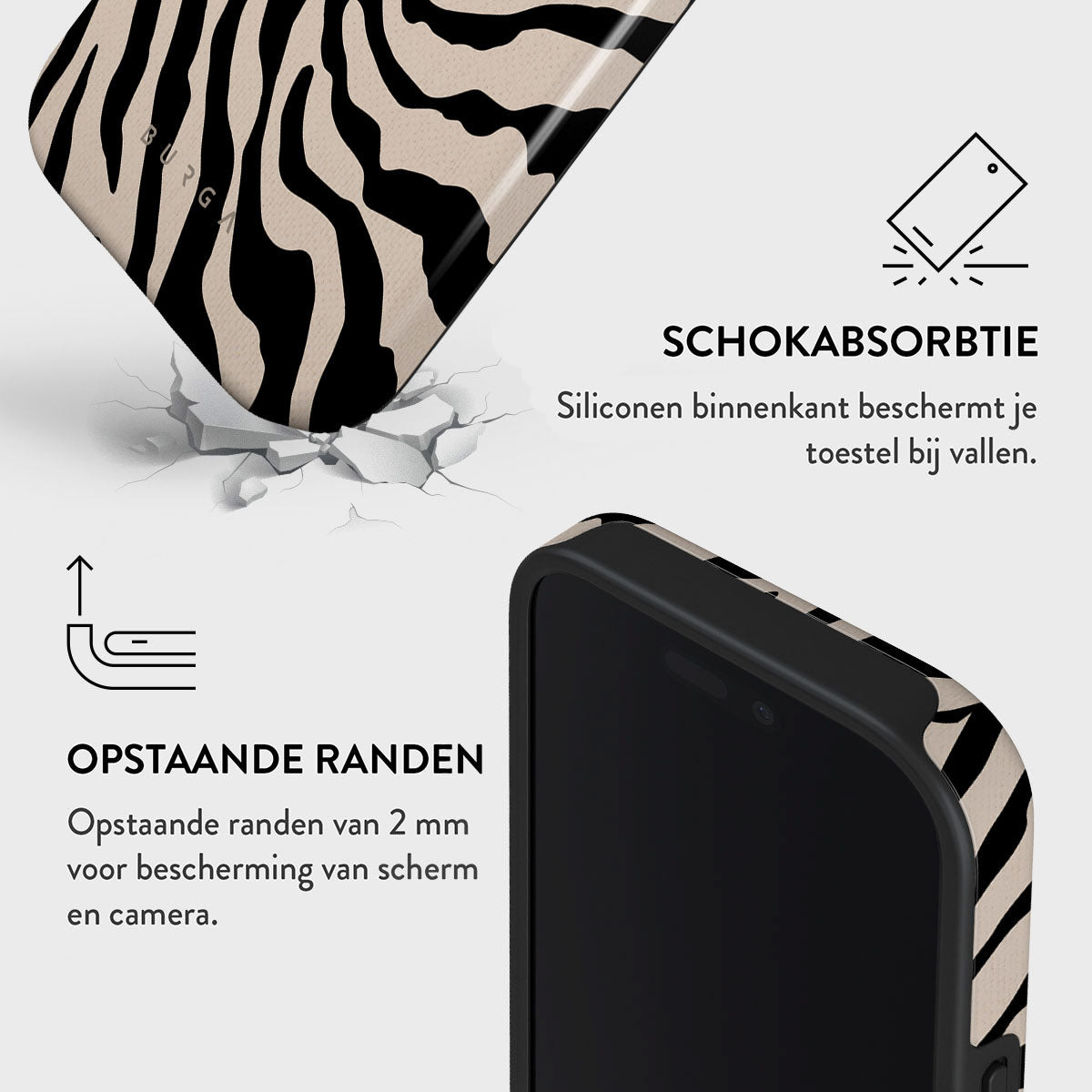 Une coque de téléphone avec un motif zébré. Comprend une absorption des chocs et des bords surélevés pour protéger l'écran et l'appareil photo.