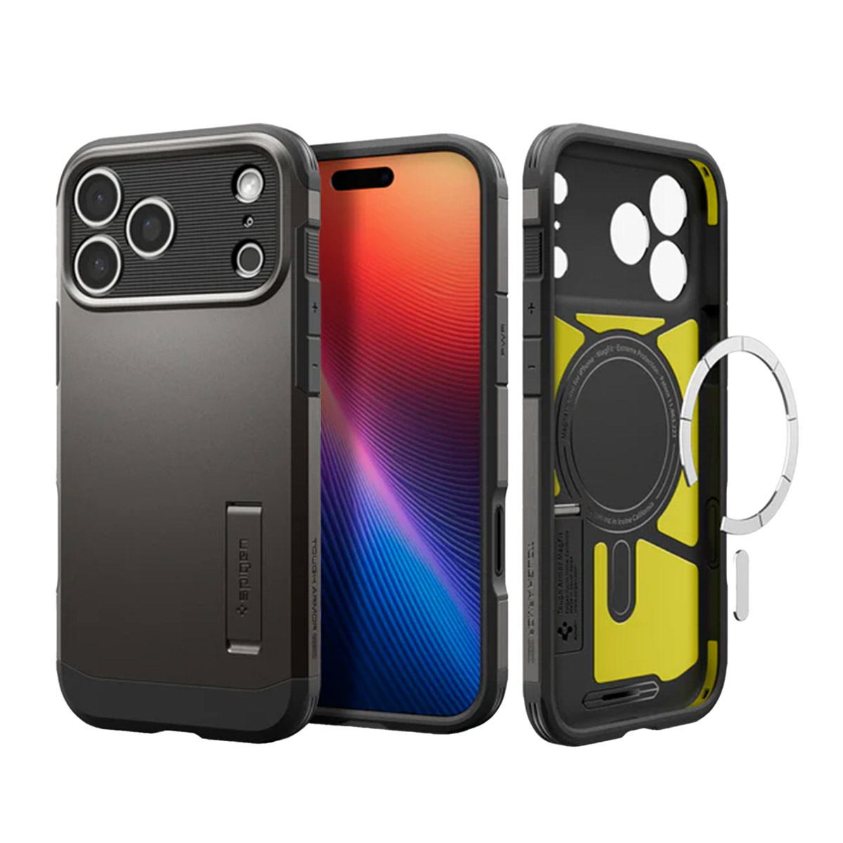Trois coques de téléphone, une avec téléphone. Couleurs gris, noir et jaune. Coques pour iPhone avec caméra et anneau MagSafe.