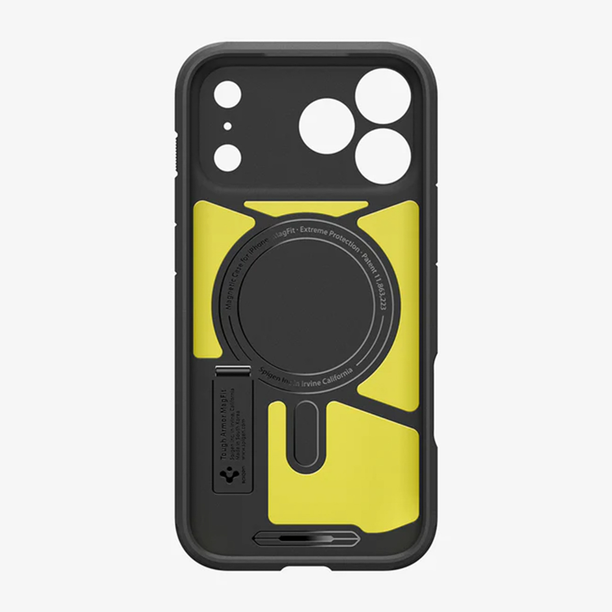 Coque iPhone noire et jaune. Caractéristiques : MagFit, Extreme Protection et Tough Armor. Marque : Spigen.
