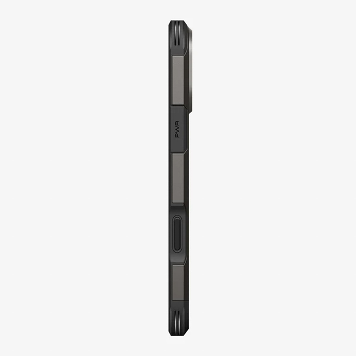 Vue latérale d'une coque de téléphone gris foncé. Elle comporte un bouton étiqueté 'PWR' et une découpe pour l'appareil photo.