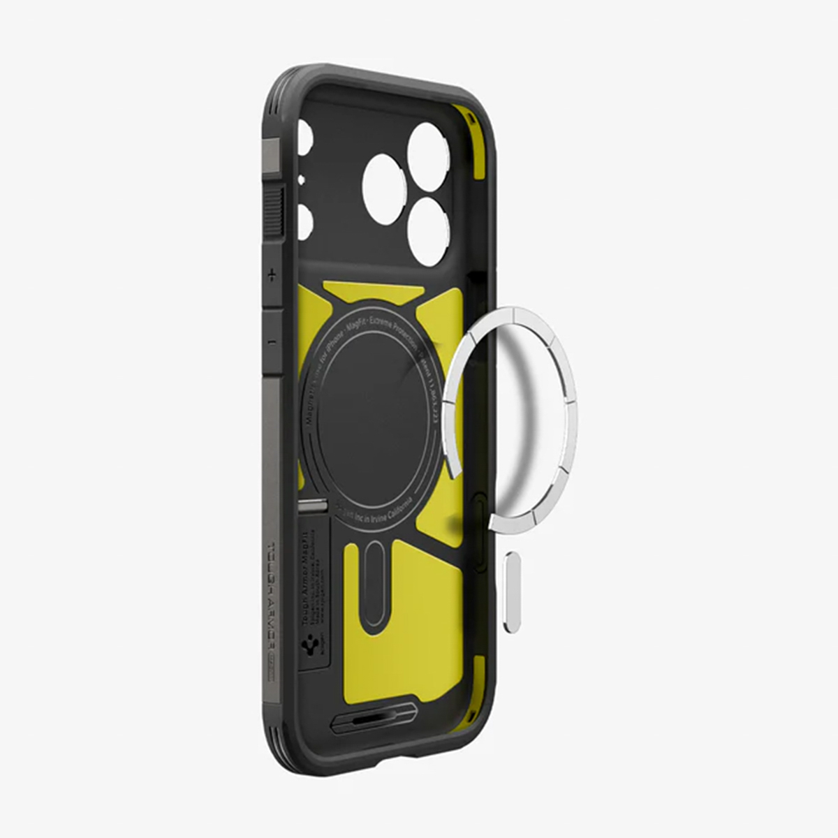 Coque de téléphone noire et jaune avec MagSafe, montrant l'intérieur. Un anneau argenté en est détaché. Fond blanc.