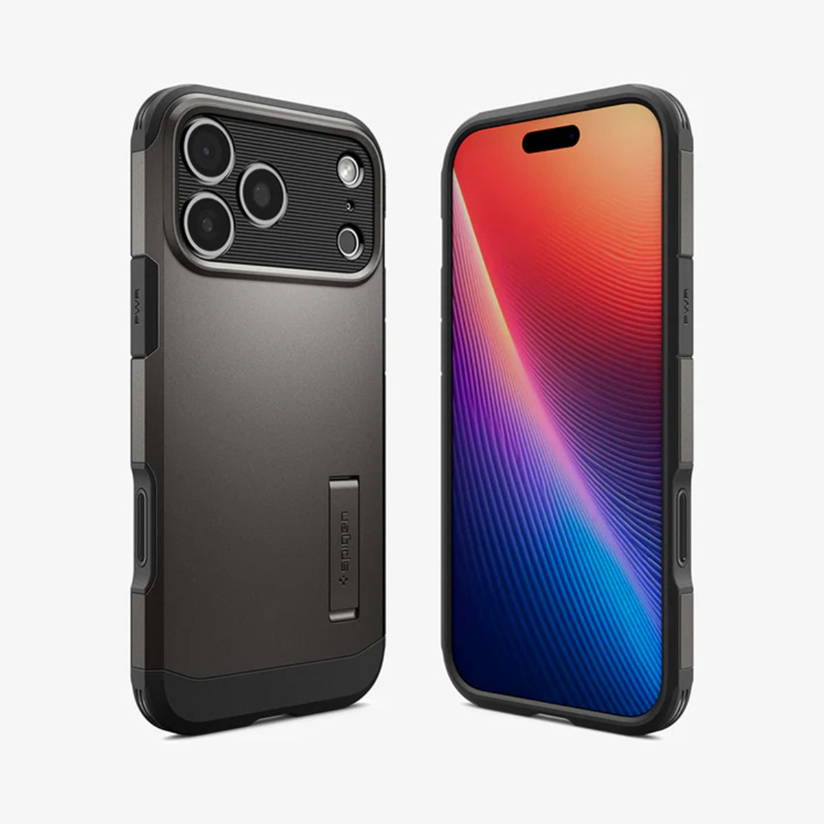 Deux smartphones avec étuis. L'un affiche un écran coloré, l'autre l'appareil photo. Les deux sont gris et noirs.