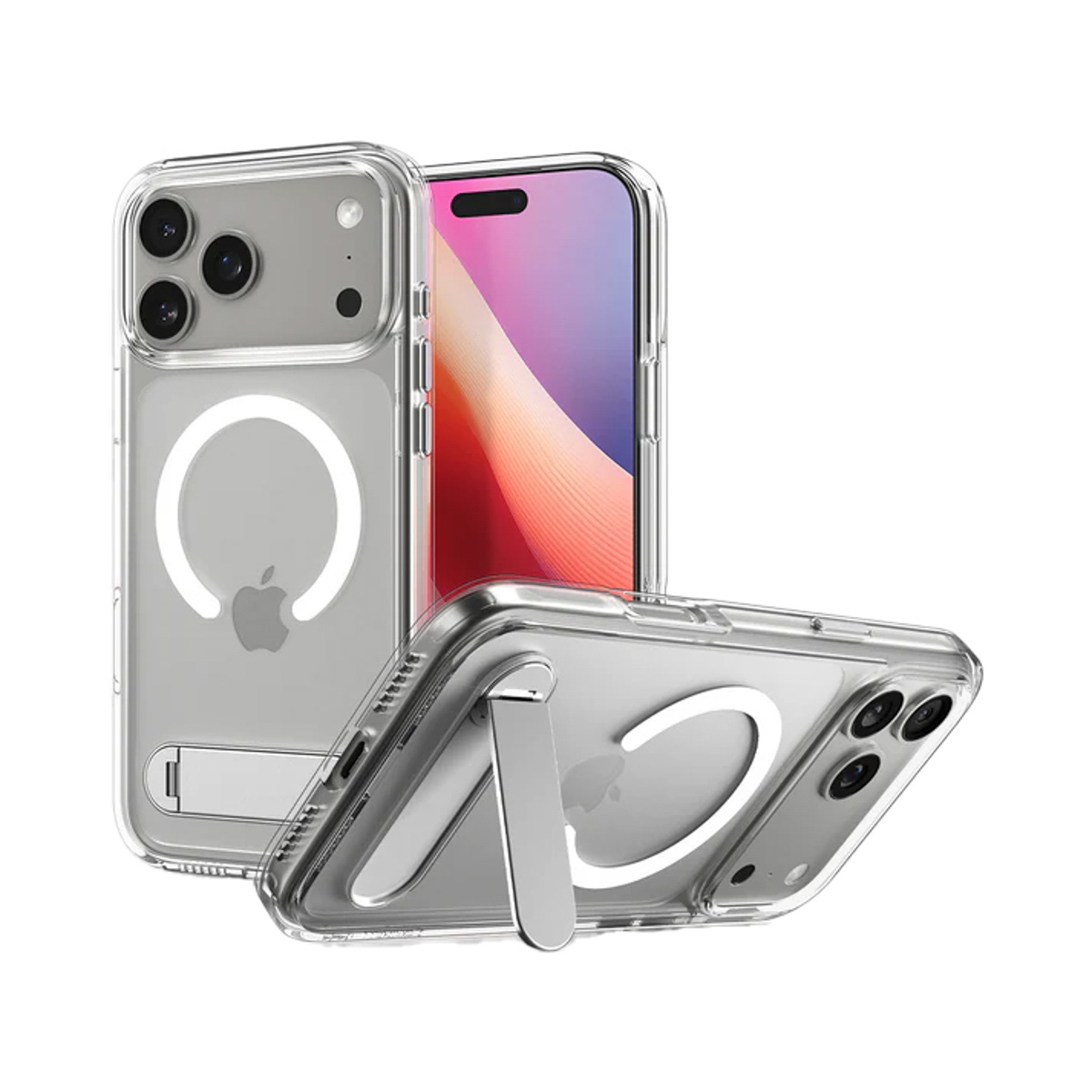 Coques de téléphone transparentes avec béquille. Les iPhones sont visibles à l'intérieur des coques. Les coques ont un logo Apple et un anneau magnétique.