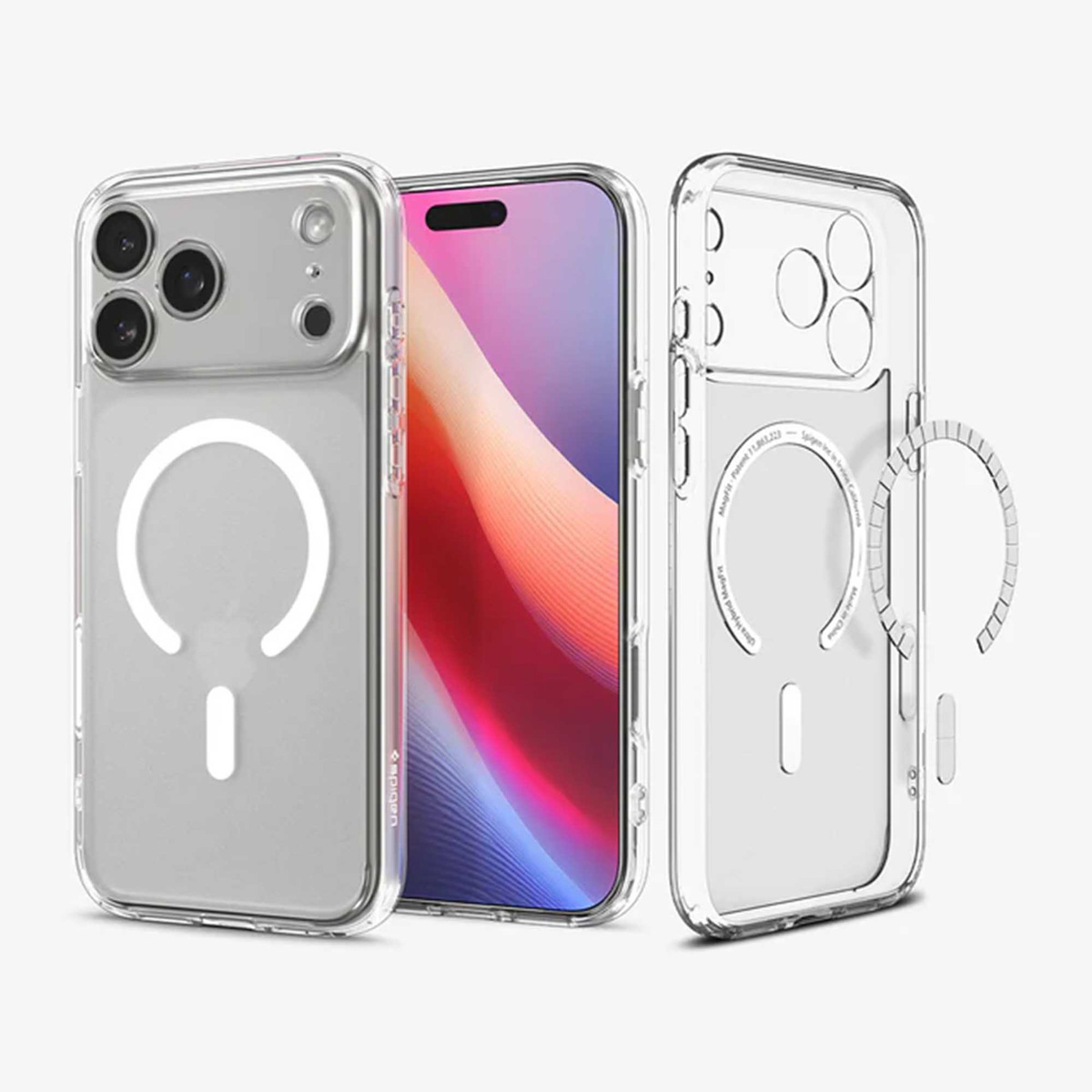 Coques de téléphone transparentes et un téléphone avec un écran coloré. Les coques montrent le design du téléphone, avec un anneau magnétique visible.
