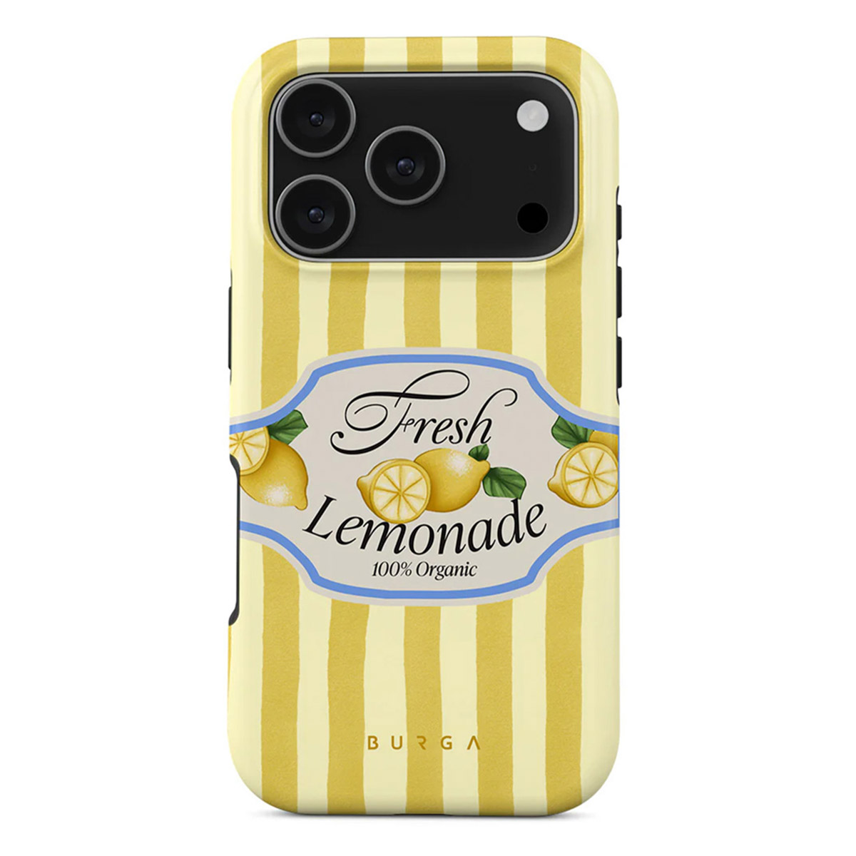 Een telefoonhoesje met een geel gestreepte achtergrond en een label met de tekst "Verse limonade". Het bevat citroenen en de tekst "100% Biologisch".