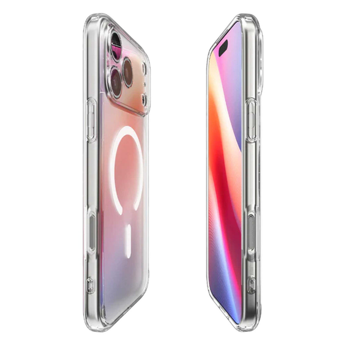 Deux coques de téléphone transparentes, vue latérale. L'une a un design blanc, l'autre un écran coloré.