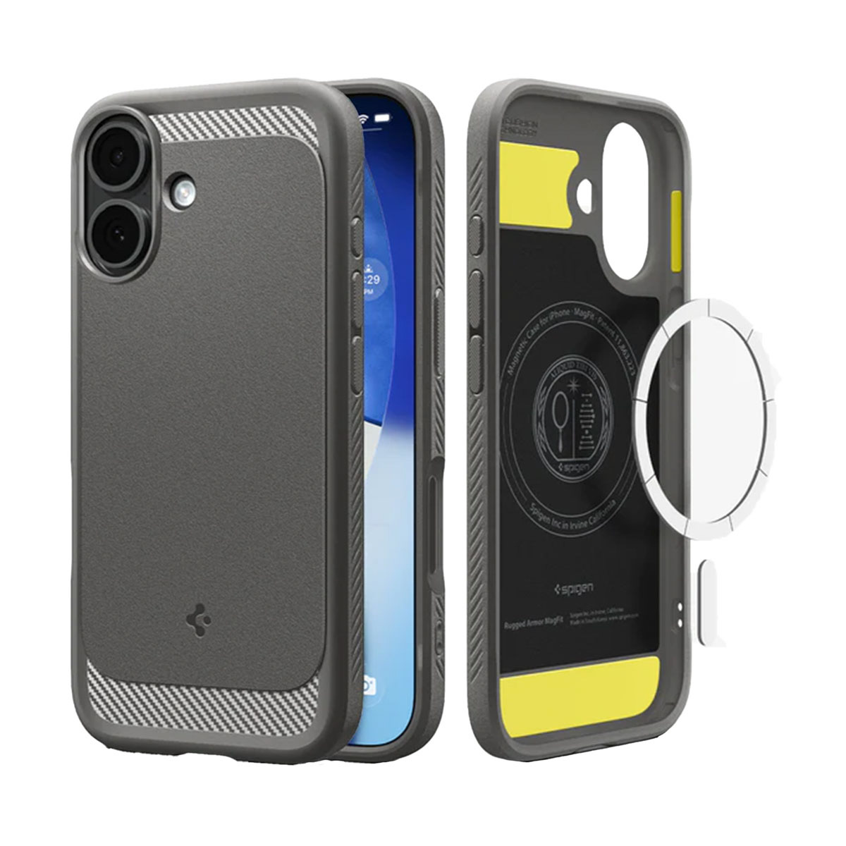 Een telefoonhoesje met een telefoon erin, opgesplitst in twee delen. Links is donkergrijs met een camera. Rechts is doorschijnend.