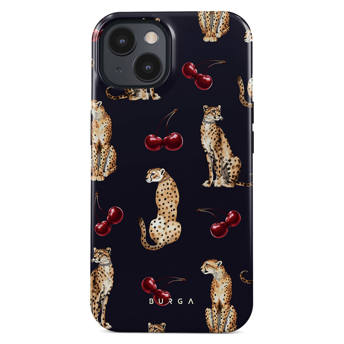 Telefoonhoesje met donkerblauwe achtergrond. Het heeft een patroon van cheeta's en rode kersen. Het merk 'BURGA' is zichtbaar.