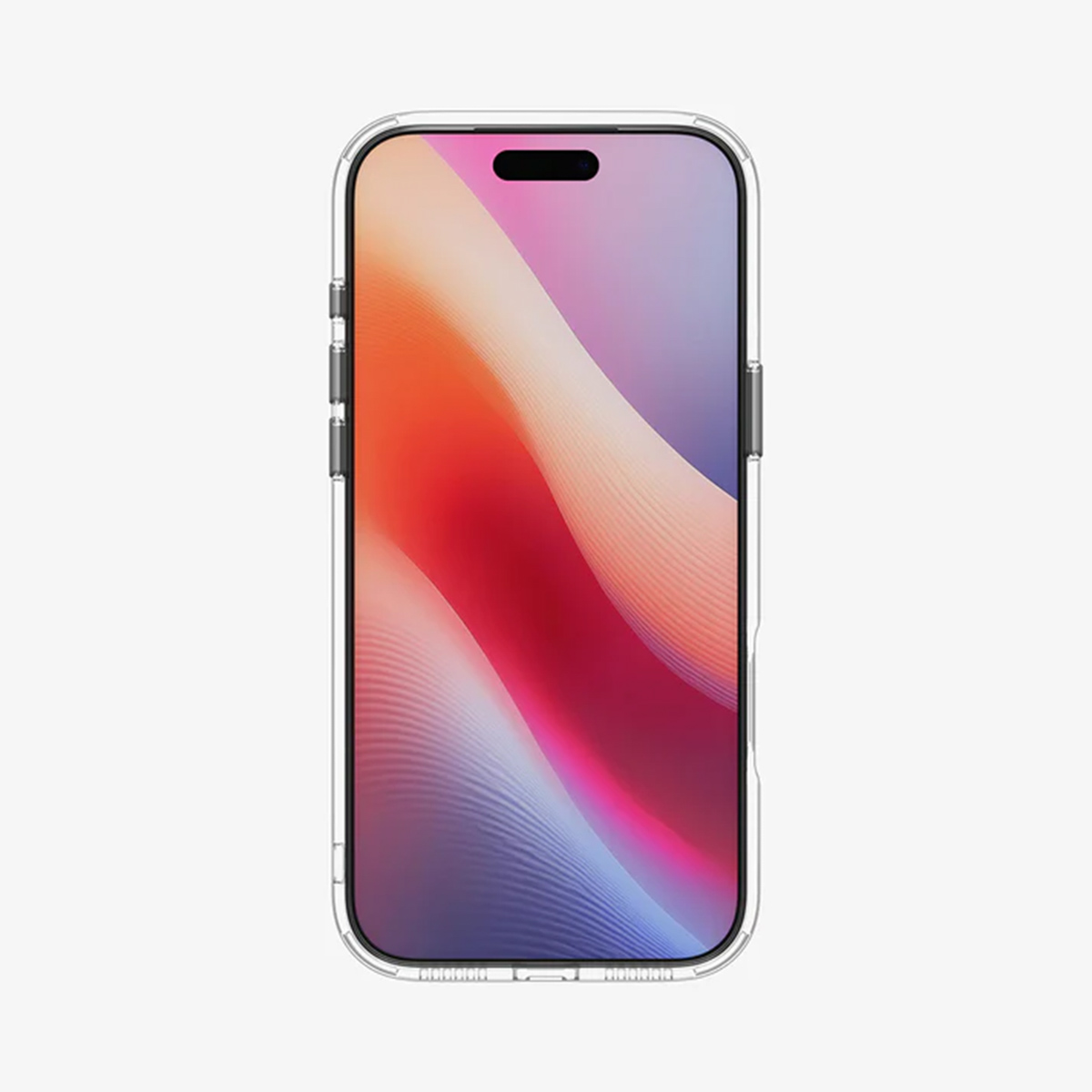 Un smartphone dans une coque transparente. L'écran affiche un dégradé de couleurs rouge, orange et violet.