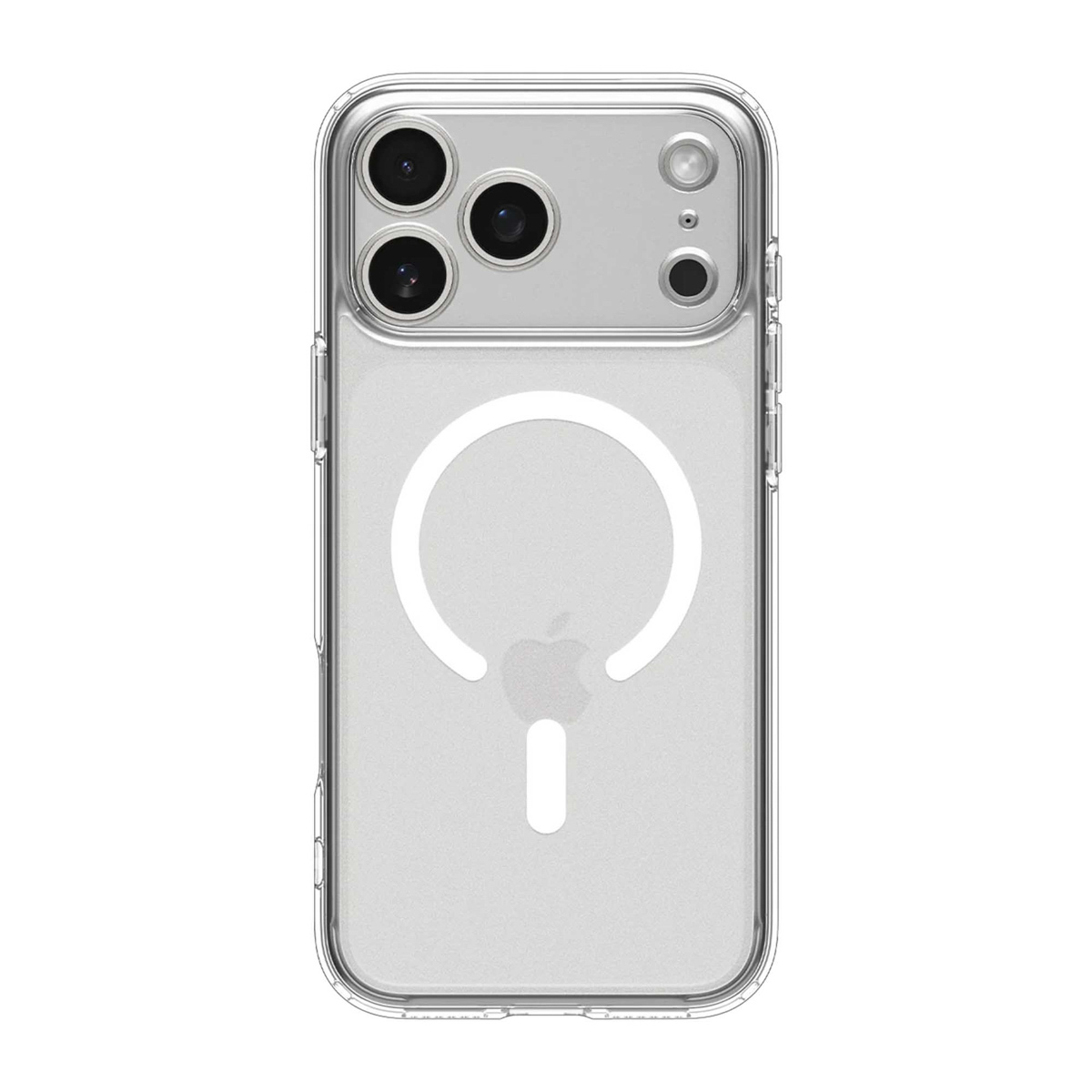 Une coque transparente pour iPhone avec un anneau et le logo Apple au dos. Elle a une section caméra et une bordure transparente.