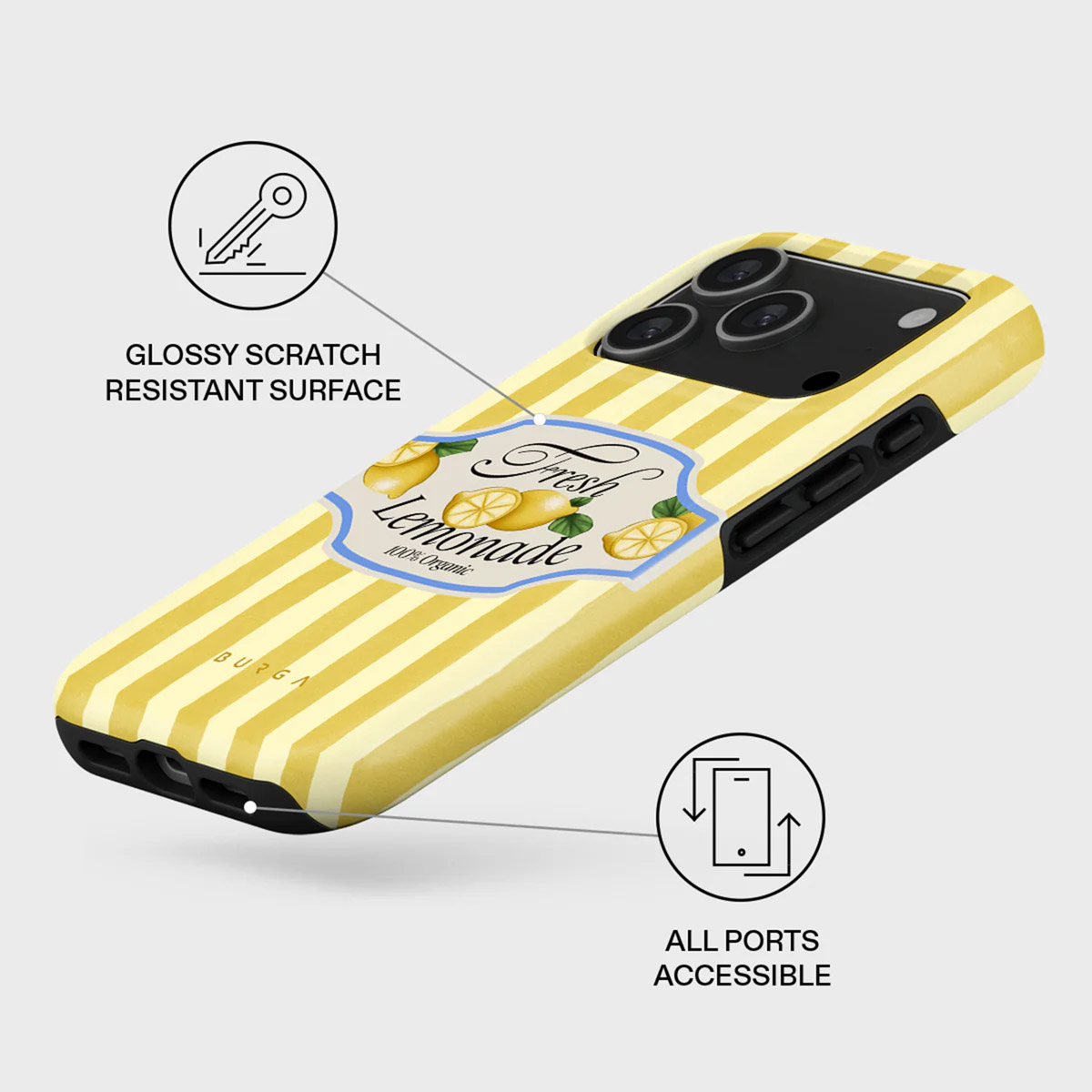 Een telefoonhoesje met een geel en wit gestreept patroon en een 'Fresh Lemonade'-label.