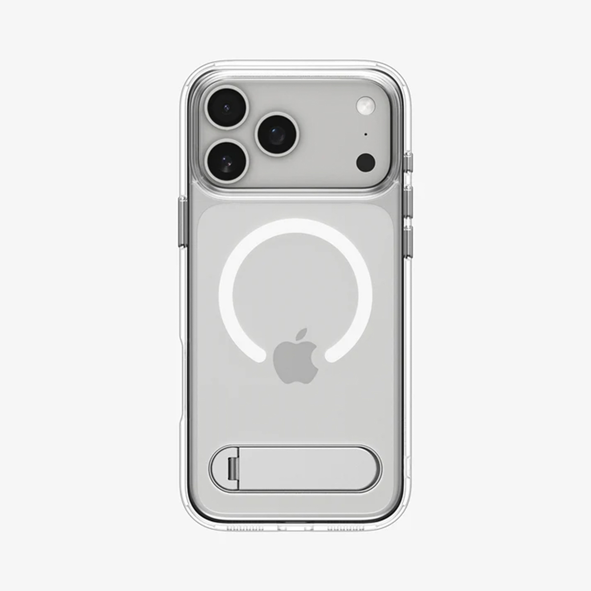 Coque transparente pour iPhone avec support. Elle a des objectifs d'appareil photo et un logo Apple. La coque est transparente.